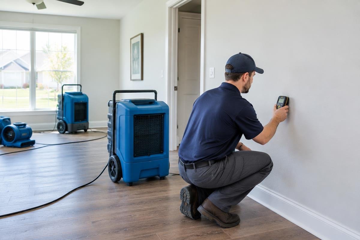 Illustrative moisture inspection of a water-damaged interior wall